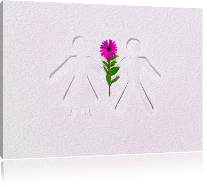 Strichmännchen mit Blume schwarz/weiss Format: 100x70 auf Leinwand, XXL riesige Bilder fertig gerahm