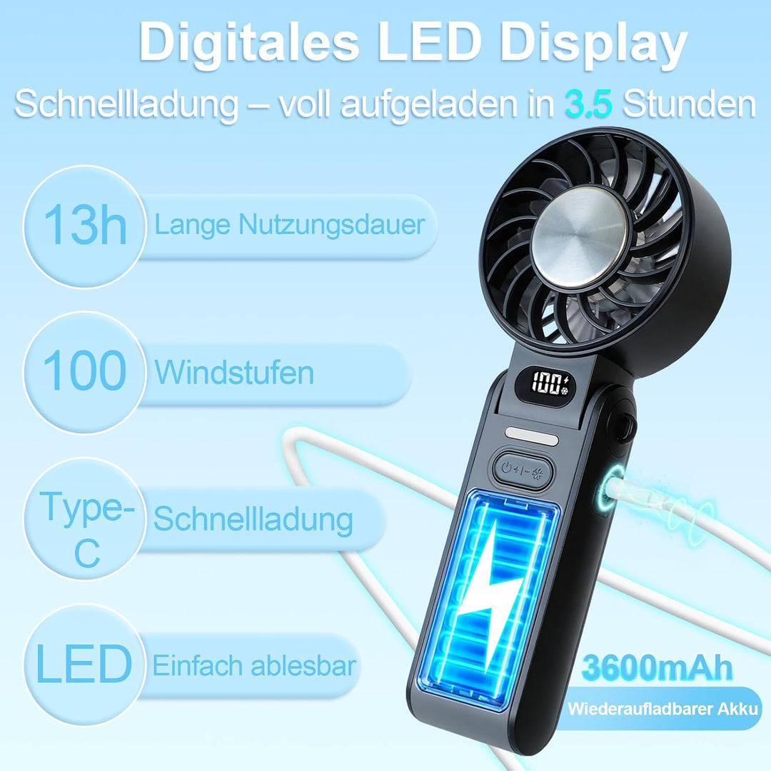 Handventilator, Tragbarer Mini Ventilator, 100 Stufen Starker Hand Klein Ventilator USB Wiederauflad