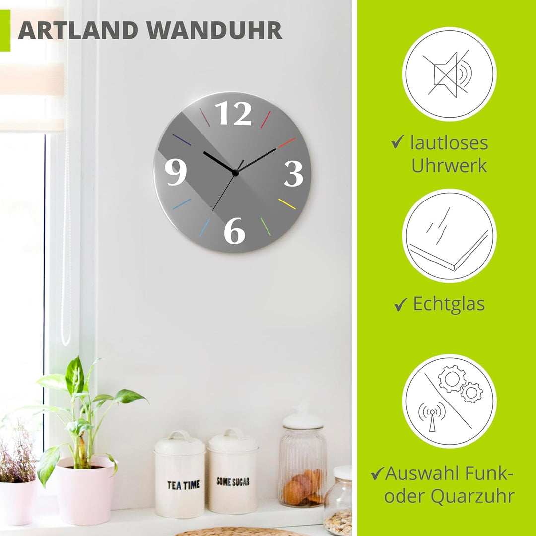 ARTLAND Wanddeko Wanduhr ohne Tickgeräusche aus Glas Quarzuhr Ø 30 cm Rund Lautlos Trendfarbe Grau-B