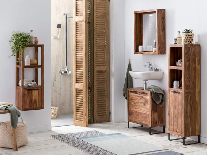 Woodkings Sydney Waschbeckenunterschrank I Kleiner Badschrank BxHxT: 56x60x25 cm aus massiv Holz Aka