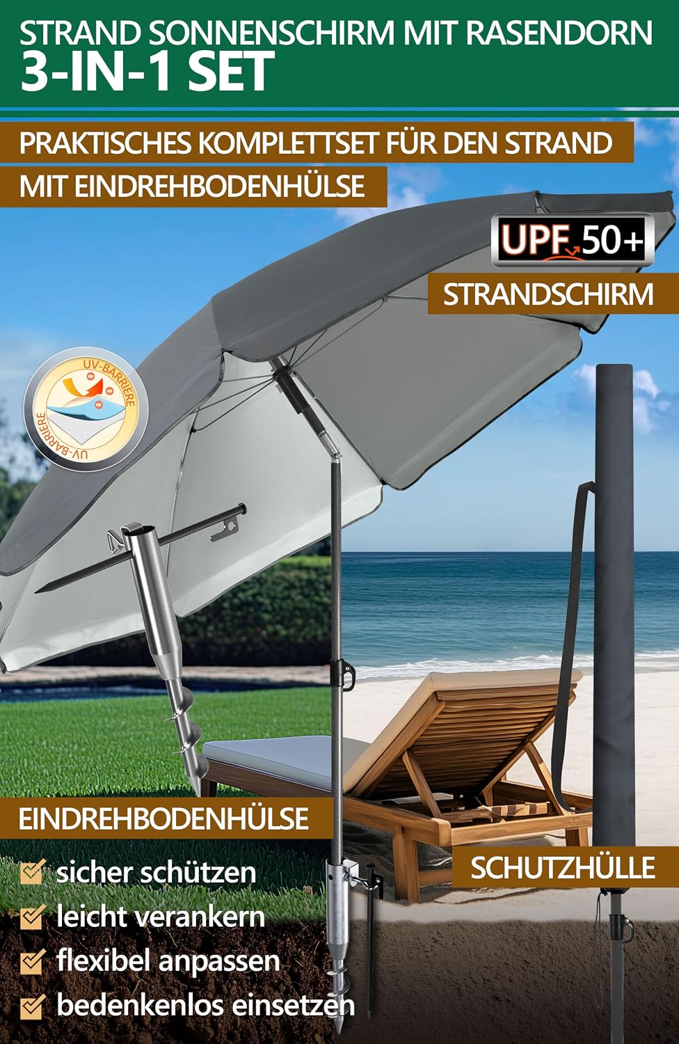 4smile Sonnenschirm Strand 3-in-1 Set, Ø 180 cm, Anthrazit, Strandschirm Windfest Stabil, UV50 Sonne
