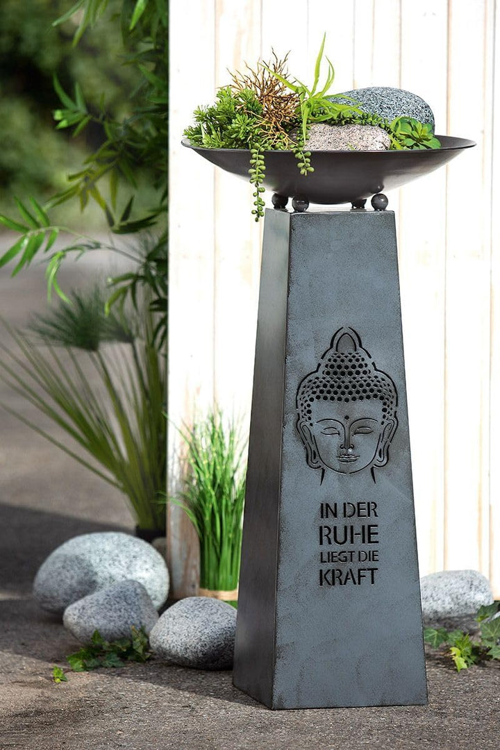 4465 Metall Schalenständer Buddha, In der Ruhe liegt die Kraft 95x50cm, Metallständer mit Pflanzscha