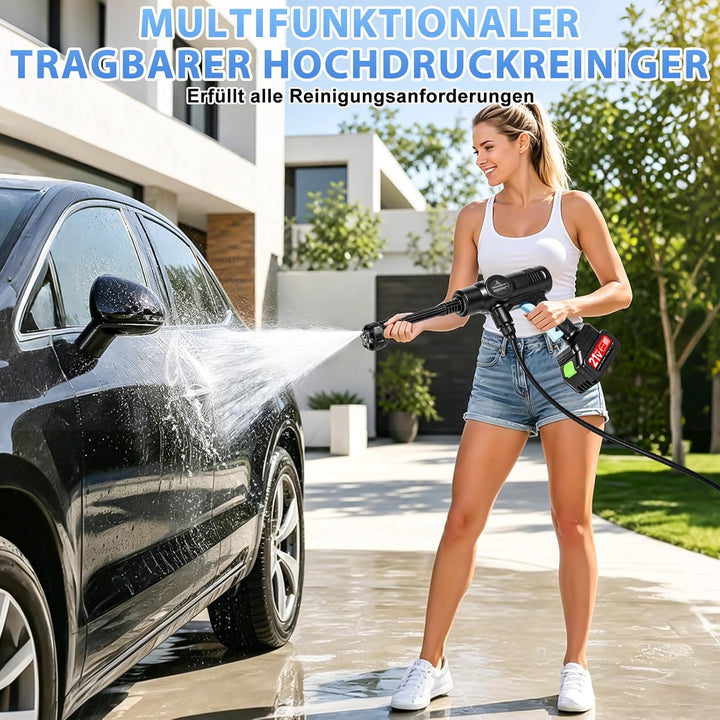 Akku Hochdruckreiniger, Mobiler hochdruckreiniger mit 2×3.0Ah Akkus, 6-in-1 Multifunktionale, 5M Sch