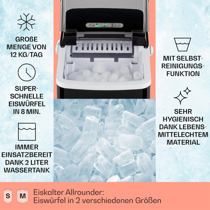 Klarstein Arctic Porter Eiswürfelmaschine, 12kg/24h, 2 Grössen, Produktionszeit: 8 Minuten, Eiswürfe