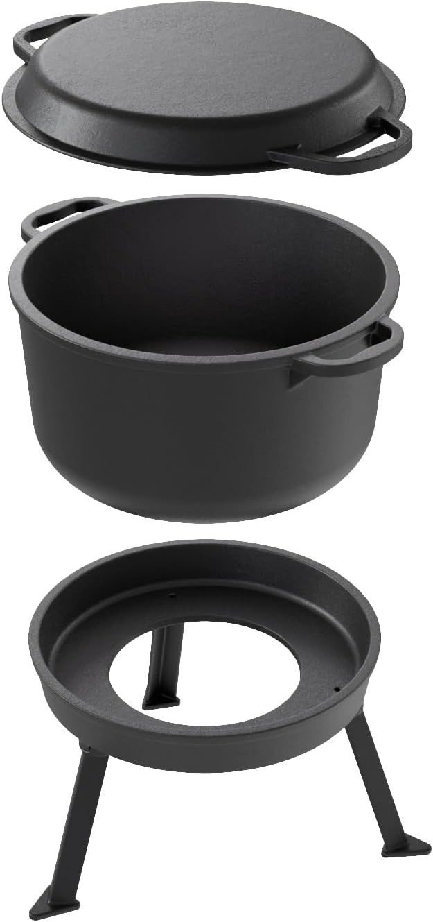 QLS Gusseisen Kessel 10 L Grill, Topf & Bratpfanne 3in1 – Schwerer Dutch Oven mit Deckel, abnehmbare