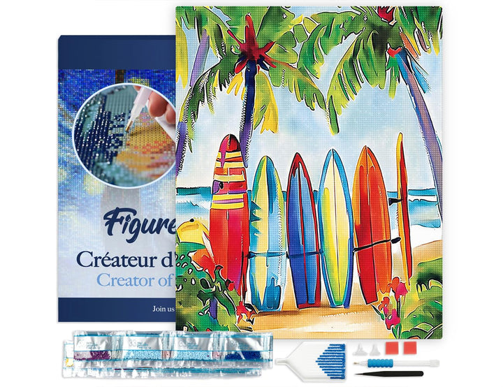Figured'Art Diamond Painting Erwachsene 40x50cm Mit Rahmen Ganze Leinwand gespannt Bunte Surfbretter