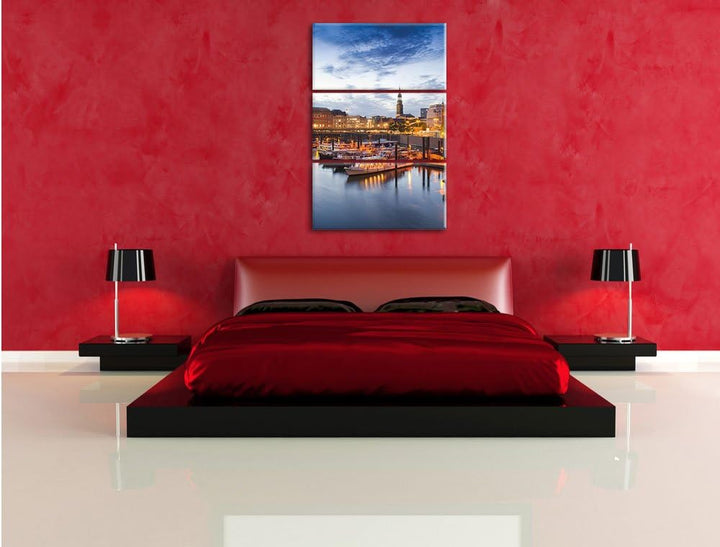 Pixxprint Hamburger Hafen am Abend als Leinwandbild - Grösse: 3-Teilig (120x80cm) - Wandbild - Kunst