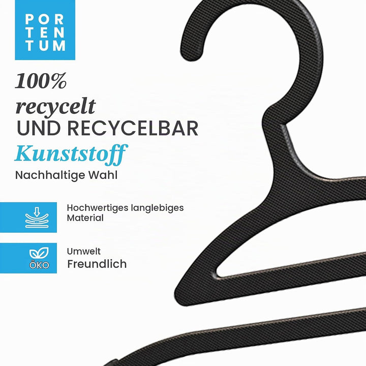 PORTENTUM Kleiderbügel aus Recyceltem Kunststoff, 50 Stück, Schwarz. Für Leichte Kleidung, Nicht zu