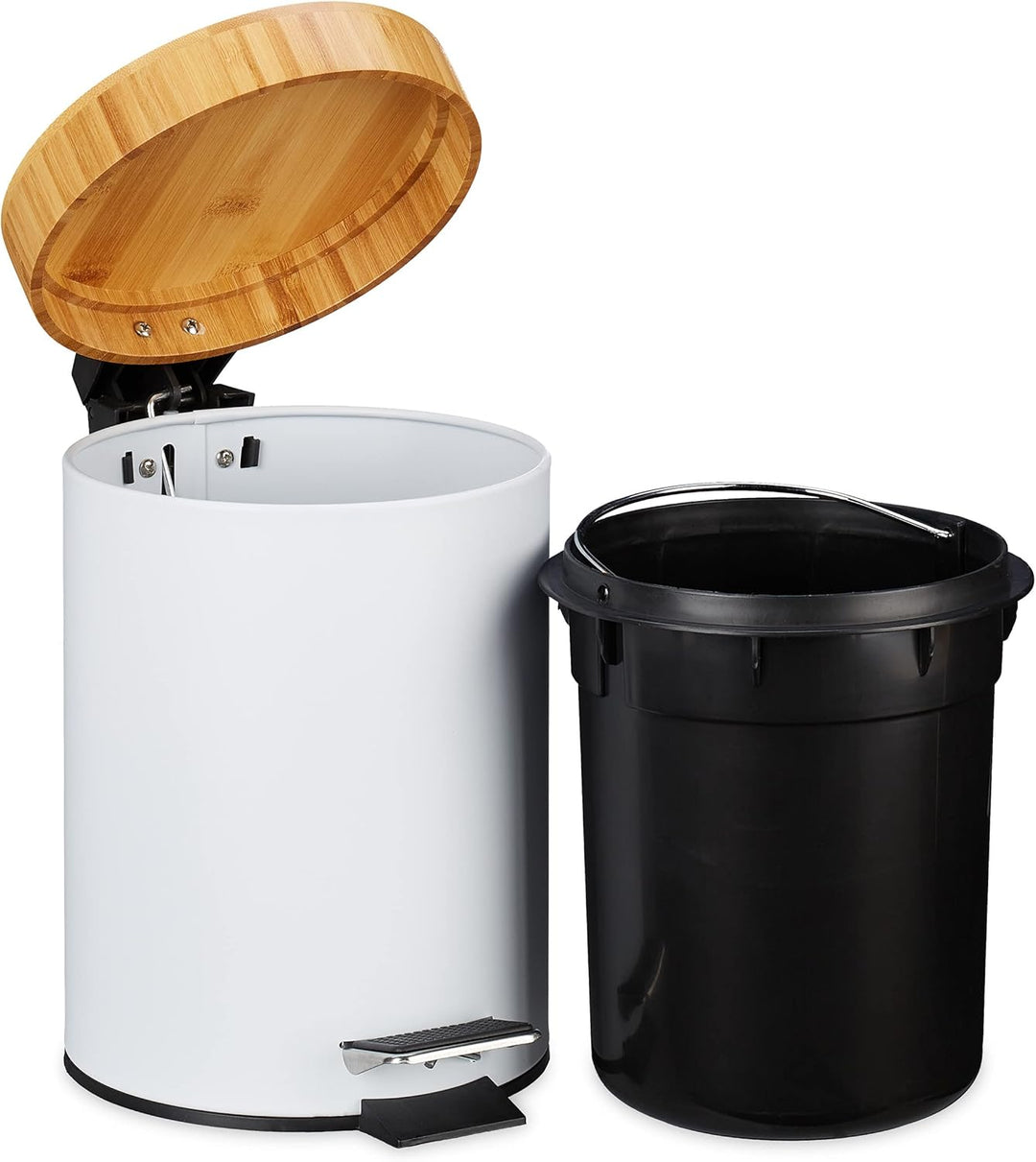 Relaxdays Mülleimer Bad, 3 l, Kosmetikeimer mit Absenkautomatik, Bambusdeckel, entnehmbarer Inneneim