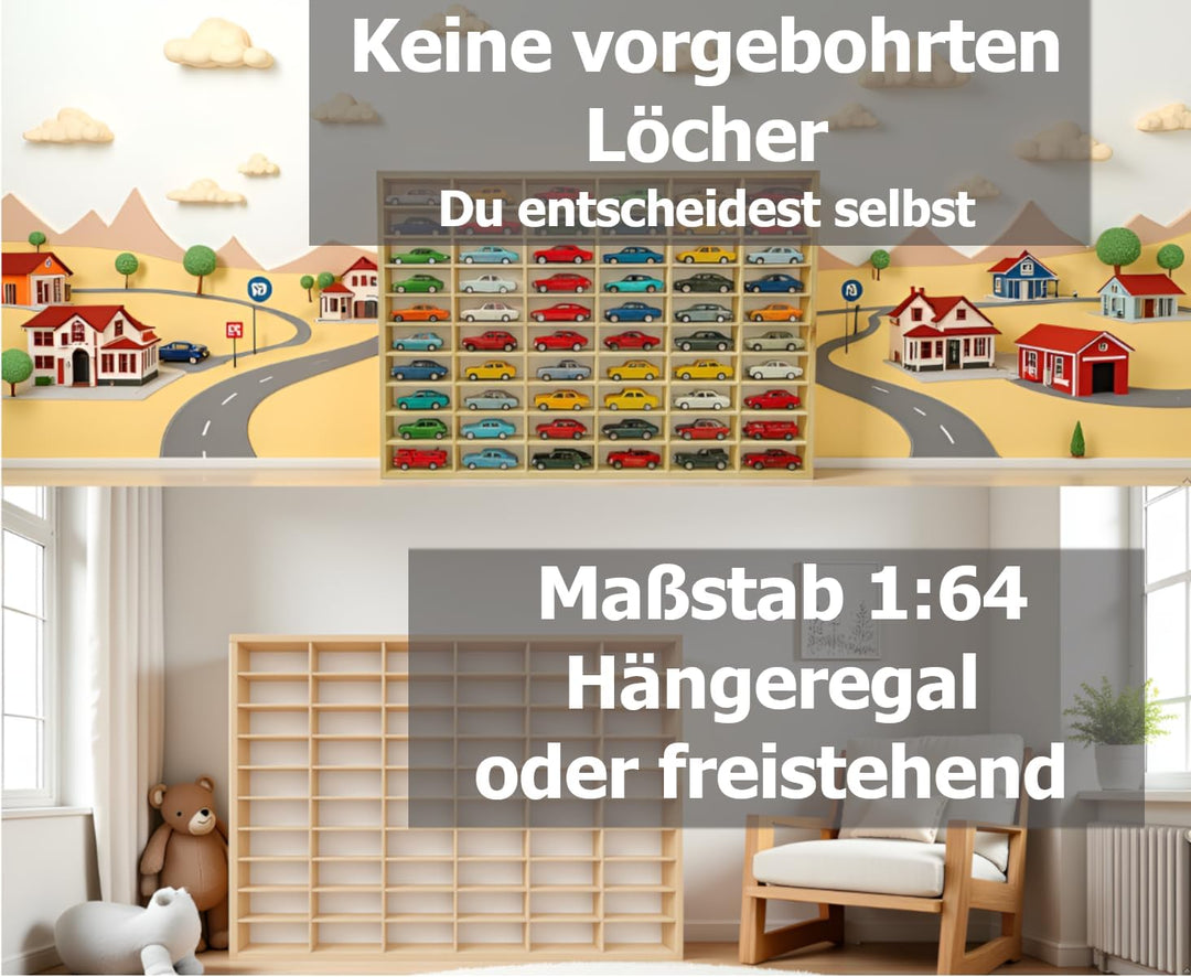 Setzkasten für Modellautos aus Holz von FabaHome - Sammelvitrine für Autos mit 60 Fächern | Wandrega