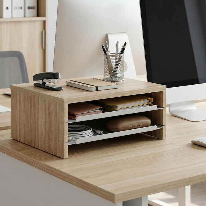 Fenge Monitorständer, Monitorerhöhung mit Ablage, Holz und Metall, Schreibtisch-Organizer für Zuhaus