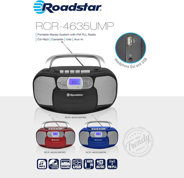 Roadstar RCR-4635UMP/BL Tragbare CD-Radio Kassette, Digitalradio PLL FM, Boombox CD-MP3-Player, USB,