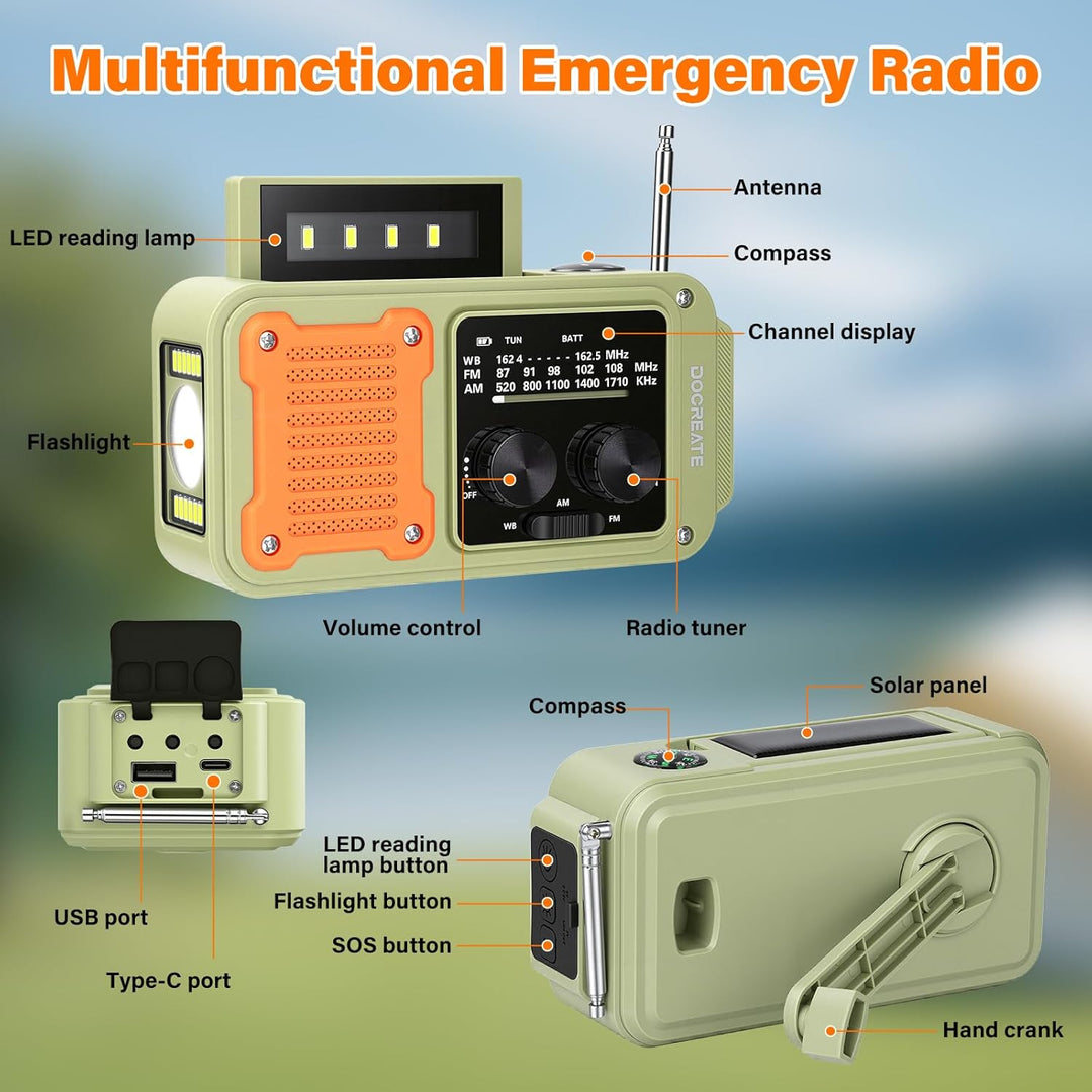 diymore Kurbelradio 2000mAh, Notfallradio mit Kurbel und Solar mit FM/AM/WB, Power Bank, LED Camping