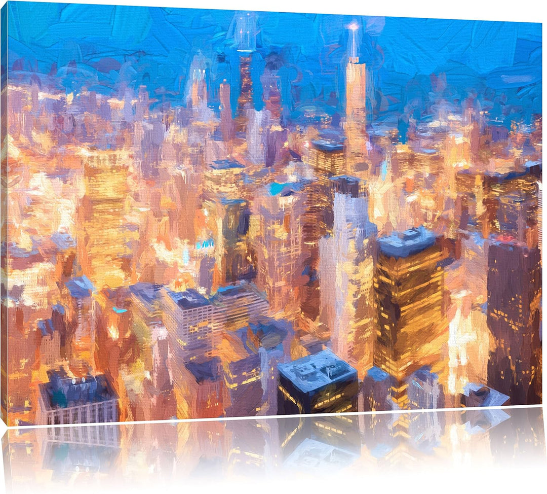 Pixxprint Luftaufnahme von Chicago bei Nacht Kunst Pinsel Effekt, Format: 100x70 auf Leinwand, XXL r