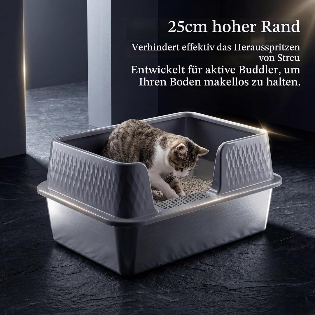 Suhaco Edelstahl Katzenklo mit Deckel Matte und Schaufel für katzentoilette Hohe Seiten XL Leicht Zu