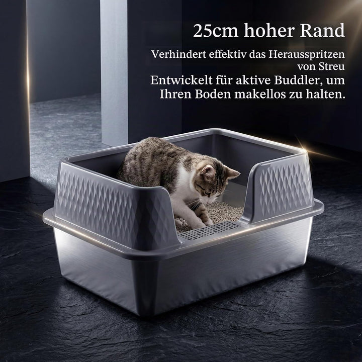Suhaco Edelstahl Katzenklo mit Deckel Matte und Schaufel für katzentoilette Hohe Seiten XL Leicht Zu