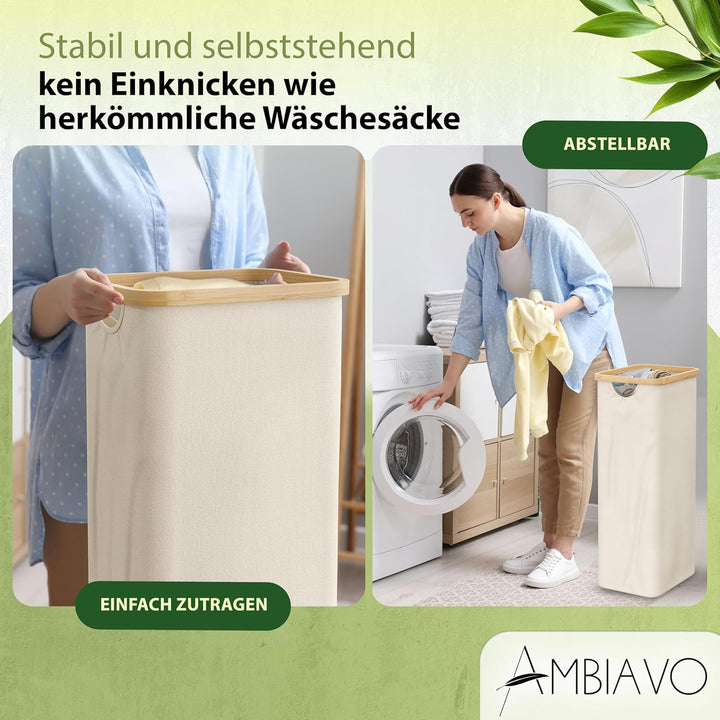 Wäschekorb 2 Fächer beige, schmal & 100 L Bambus · Wäschesammler mit Ablage · 50 L pro Fach · heraus