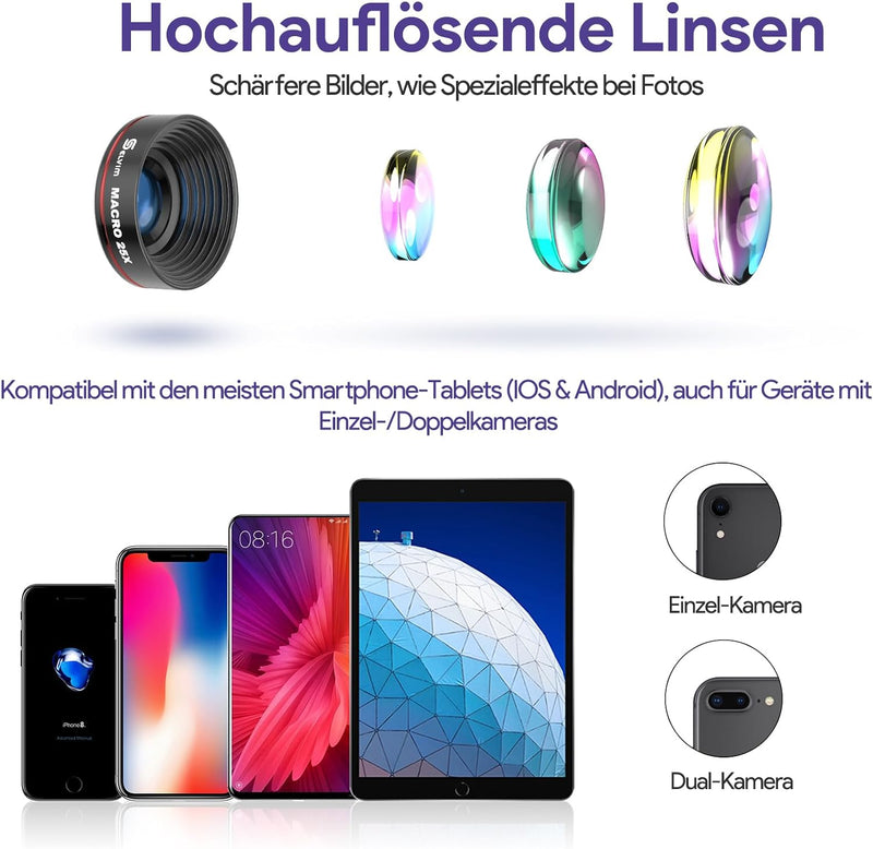 Selvim Objektiv Handy Linse Kit Lens Set, 4 Arten mit Stativ, 22x Teleobjektiv, 25x Makroobjektive,