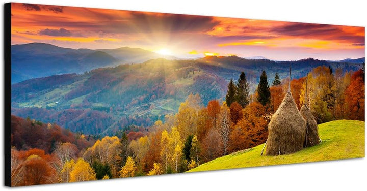 Paul Sinus Art Panoramabild auf Leinwand und Keilrahmen 120x40cm Wald Berge Wiese Herbst Sonnenunter