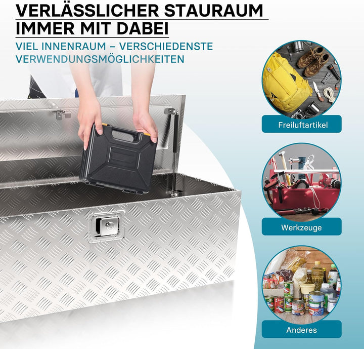 Wiltec Werkzeugbox Alu 124x37x38 cm Silberfarbene Transportbox, Werkzeugkiste inkl. Schlüssel, Alubo