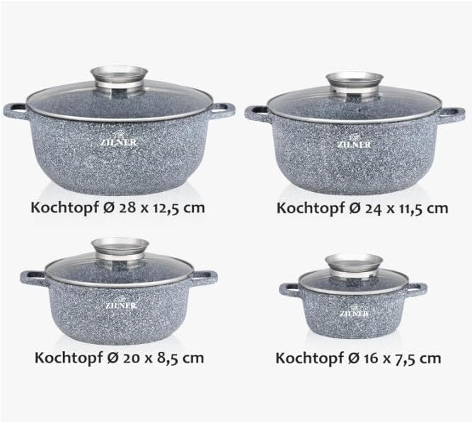Topfset Induktion 8-Teilig mit Glasdeckel | Kochtopf Set 4 Töpfen aus Aluminiumguss | 4x Kochtöpfe Ø