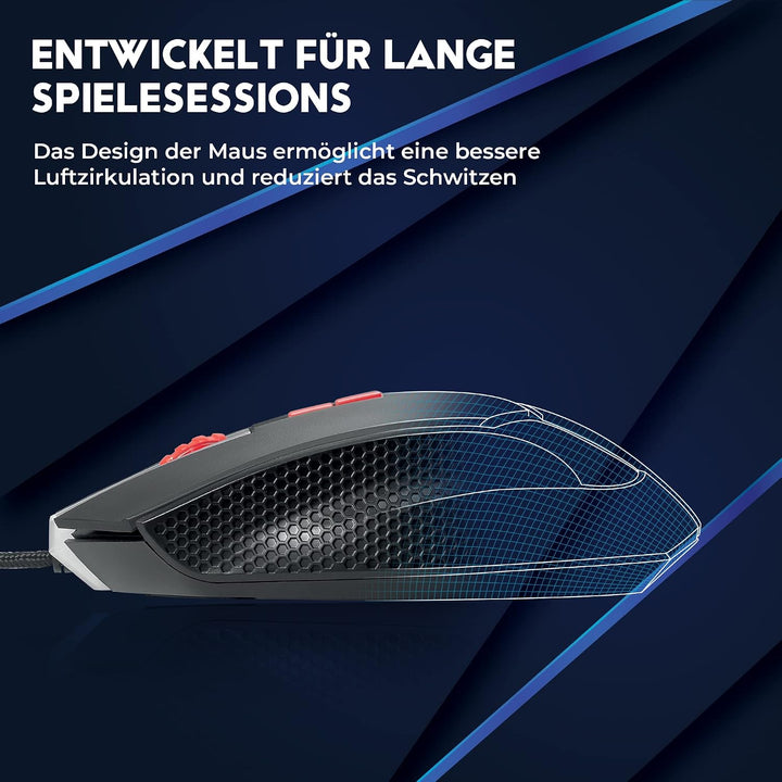DR1TECH Hunter+ Professional Gaming Maus Mit Kabel [5 Auswechselbare Gewichte + Triple FIRE] - 9 Tas