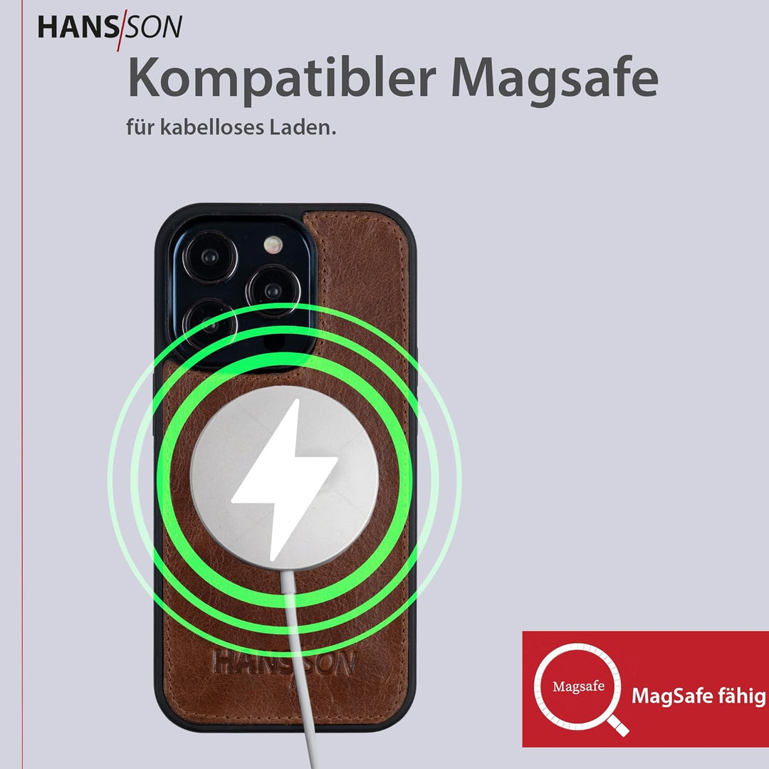 HANS/SON Hülle aus Echtleder | iPhone 12 Pro Max Ledercase | Stossfest kompatibel | Dünn | MagSafe |