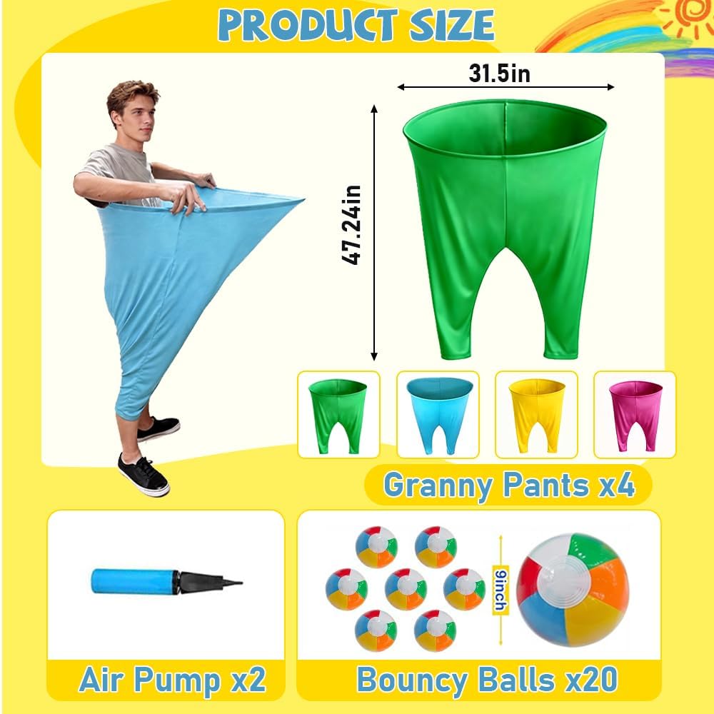 Granny Pants Spiel, 4er-Pack Oma Hosen Spiel mit 20 Hüpfbällen und 2 Ballonpumpe, Granny Pants Game