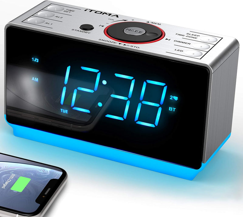 Radioweaker mit Bluetooth Lautsprecher, FM Radio, Dual Wecker mit Snooze, grosse LED Anzeige, Dimmer