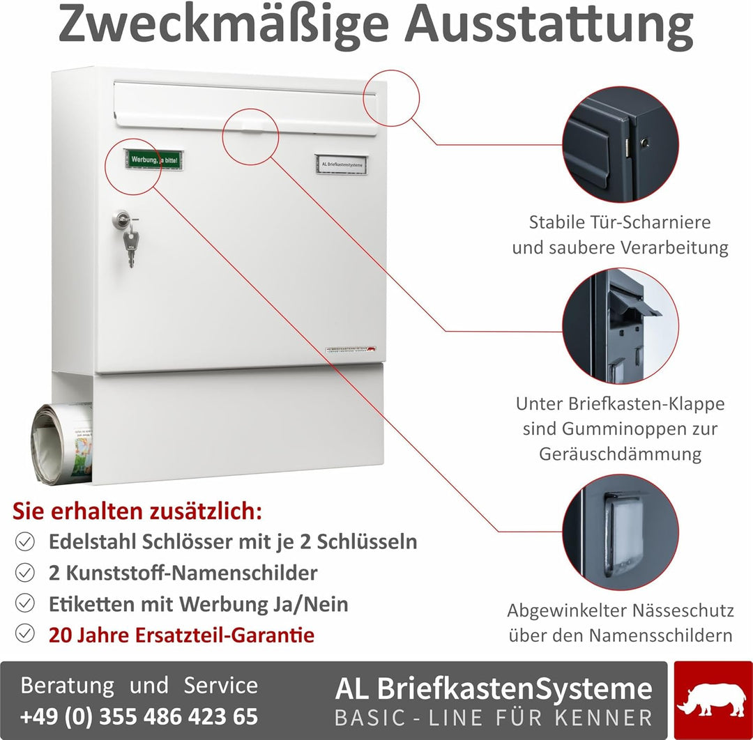 AL Briefkasten Systeme Basic 1er Briefkasten mit Zeitungsfach in RAL 9016 Verkehrsweiss 1 Fach DIN A