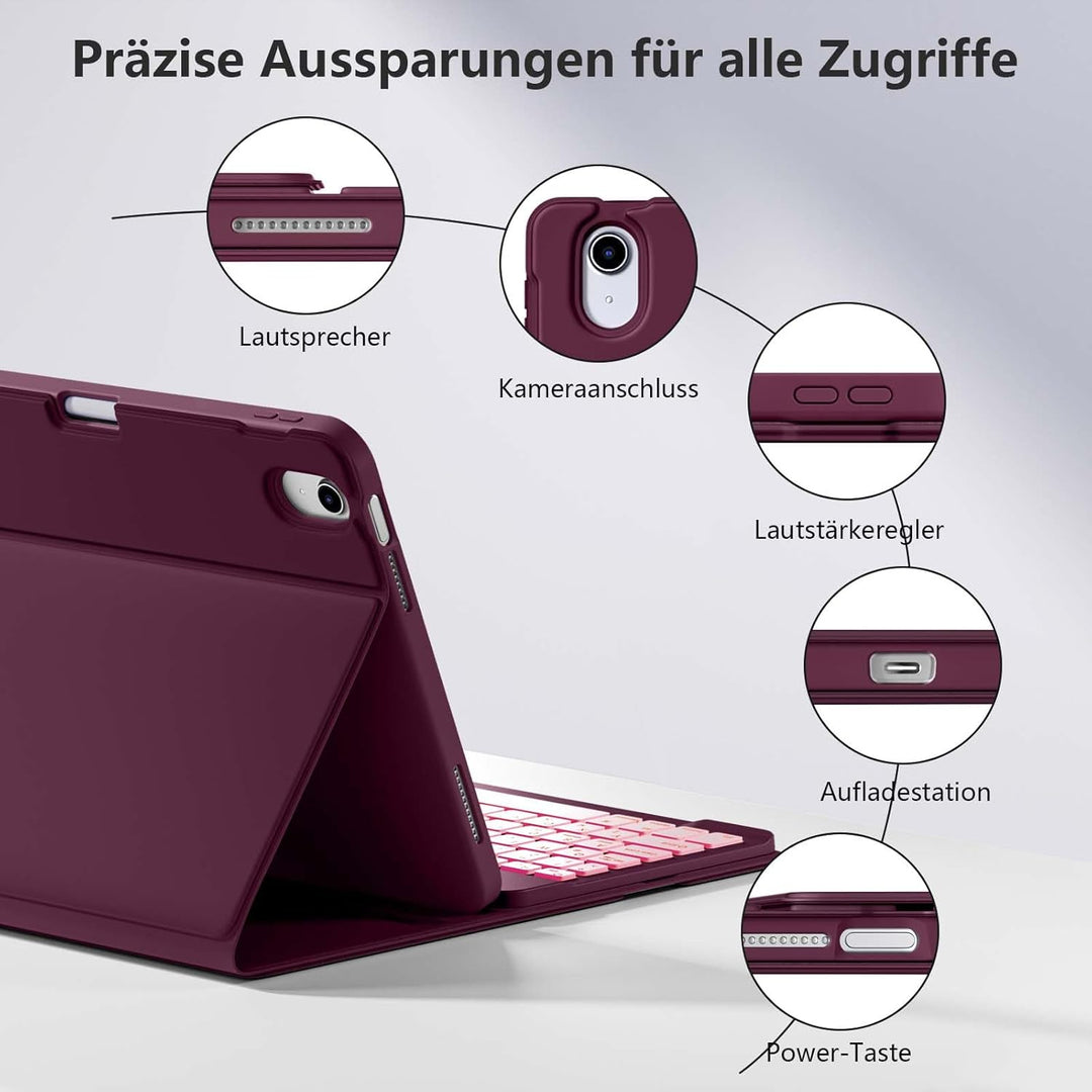 Hülle mit Tastatur für iPad 11 Generation A16/10 Generation (11/10.9 Zoll, 2025/2022), 7-farbige Bel