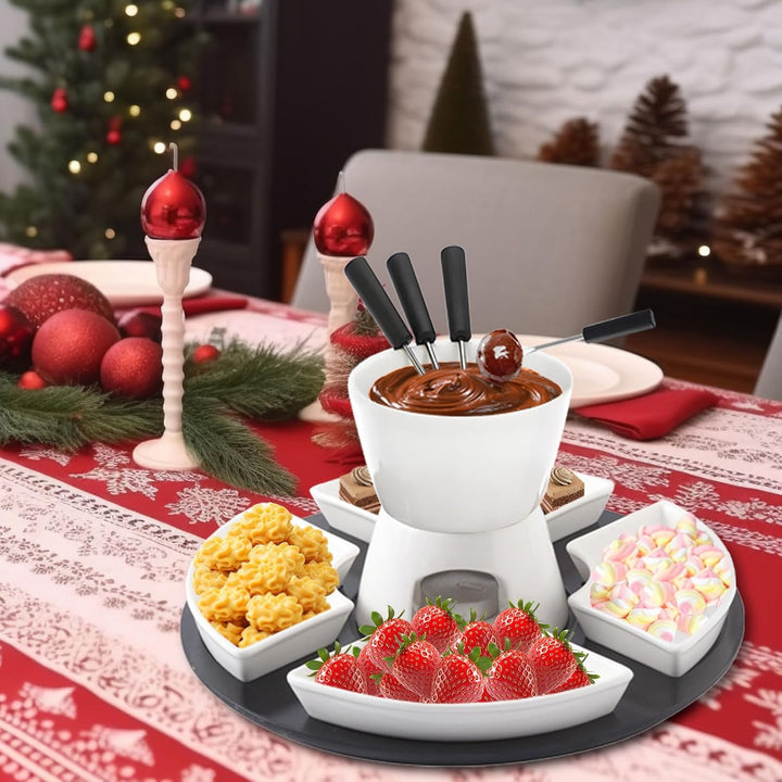 Keramik Schokofondue Set, Schokoladenfondue mit Holzpalette 4 Gabeln 4 Tellern, Käsefondue, Schoko F