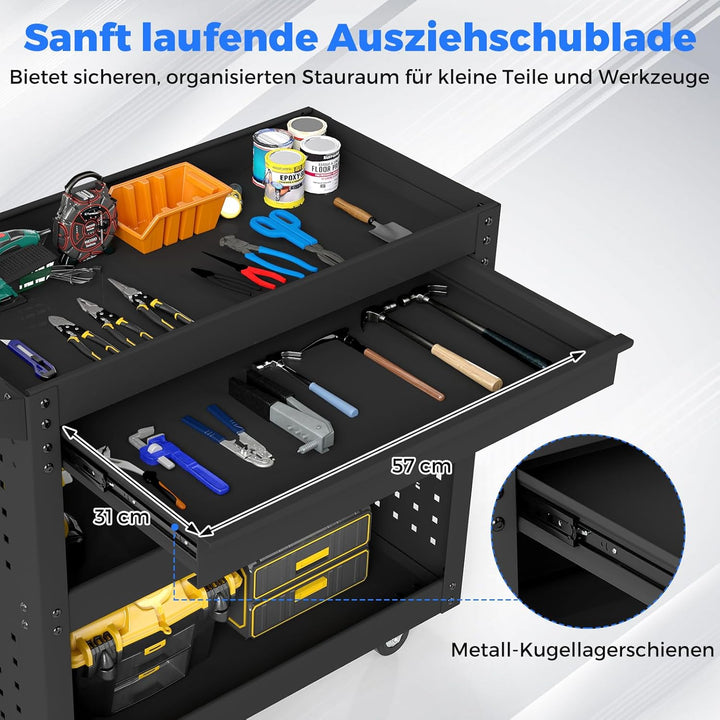 GOPLUS Werkstattwagen mit 3 Ebenen, Rollwagen mit Schublade, 2 Pegboards & 8 Haken, Werkzeugwagen au