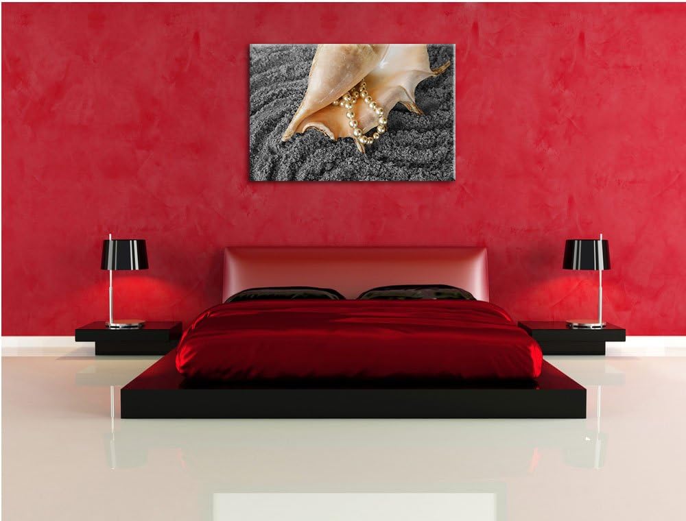 Muschel mit Perlenkette im Sand schwarz/weiss Format: 100x70 auf Leinwand, XXL riesige Bilder fertig