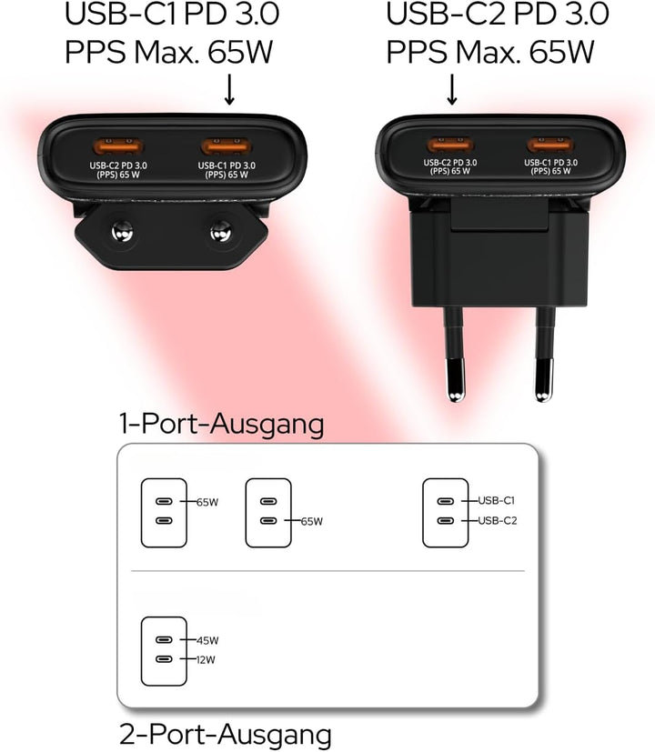 Verbatim Fold 'n' Go GaN Charger 65W, 2 Ports USB-C Ladegerät, faltbar, PD3.0, Kompakt, Schnellladeg