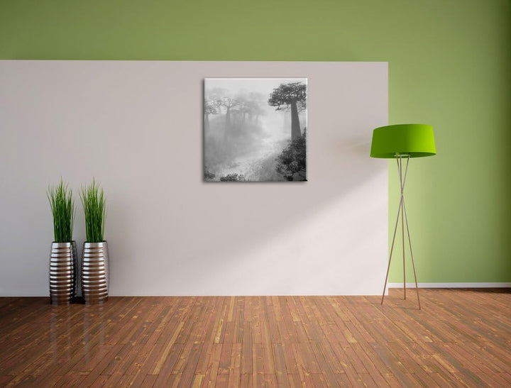 Pixxprint Mysteriöser Wald im Nebel als Leinwandbild Quadratisch/Grösse: 70x70 / Wandbild/Kunstdruck