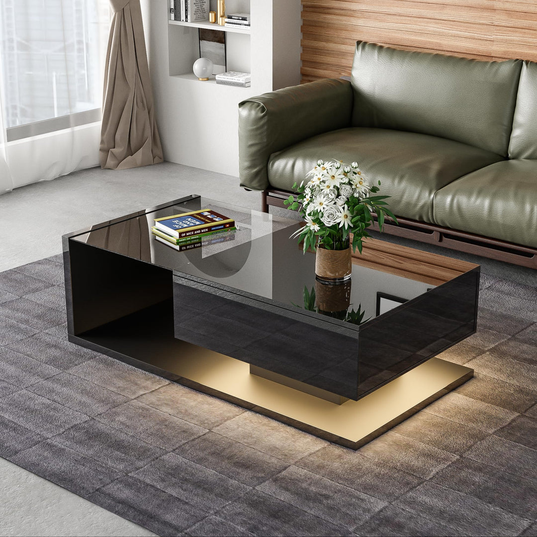 Merax Couchtisch Wohnzimmertisch schwarz Hochglanz, Wohnzimmertisch Hochglanz mit 16-Farbiger LED Be