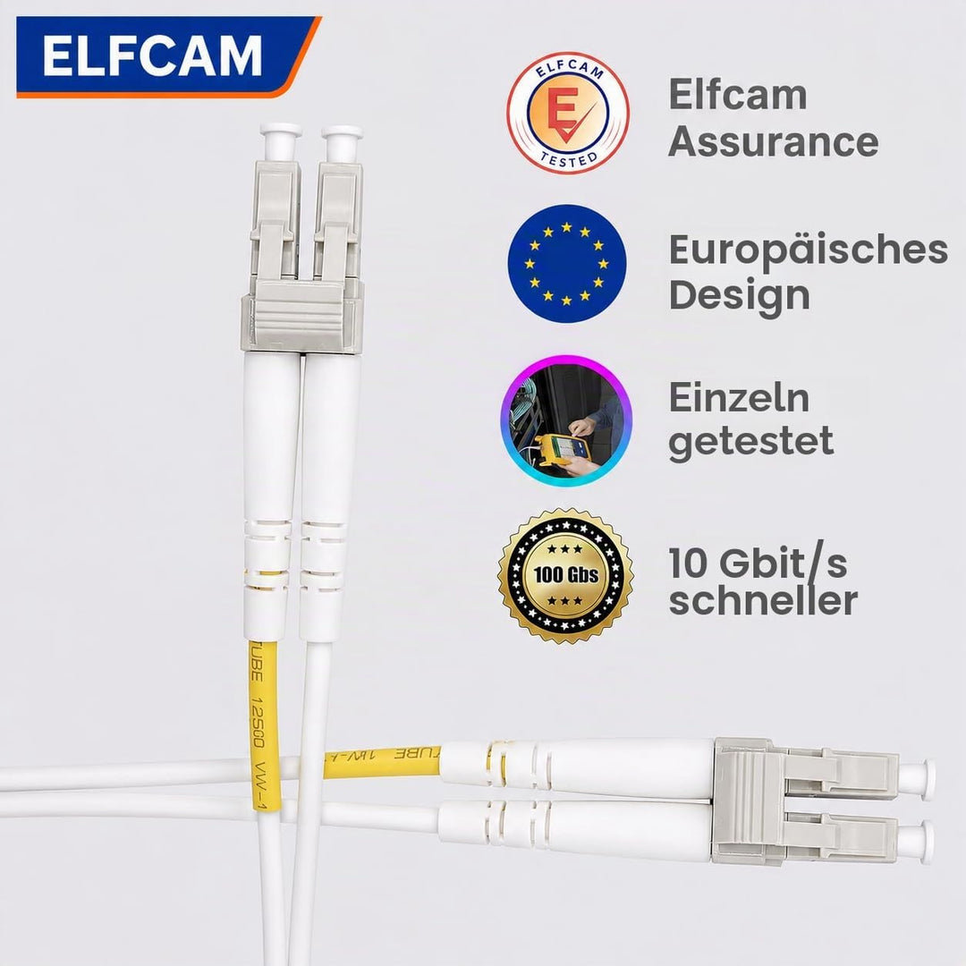 Elfcam® - 15m LWL Glasfaser-Kabel LC/UPC auf LC/UPC 50/125um OM3 Multimode Duplex LSZH, Farbe Weiss,