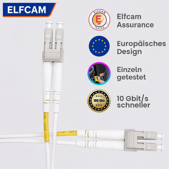 Elfcam® - 15m LWL Glasfaser-Kabel LC/UPC auf LC/UPC 50/125um OM3 Multimode Duplex LSZH, Farbe Weiss,