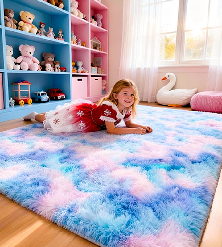 Teppich Schlafzimmer 160x230 cm Blau-Lila Hochflor-TeppicheWohnzimmer rutschfest Waschbarer Deko Lan