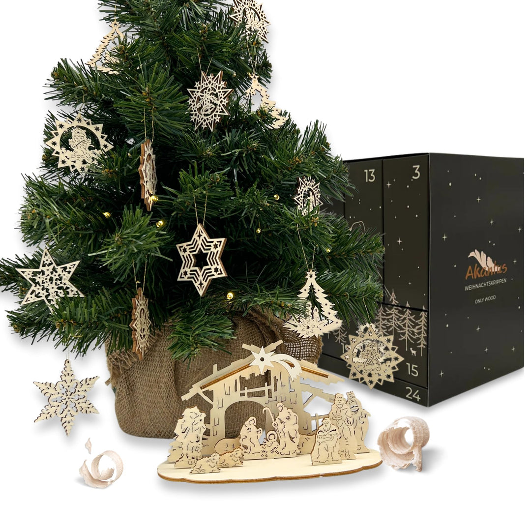 Akantus Adventskalender – mit geschnitzter Steckkrippe & Holz-Weihnachtsschmuck – liebevoll gefertig