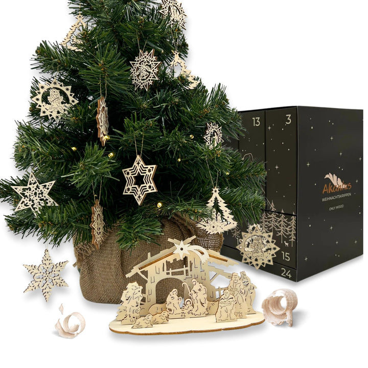 Akantus Adventskalender – mit geschnitzter Steckkrippe & Holz-Weihnachtsschmuck – liebevoll gefertig