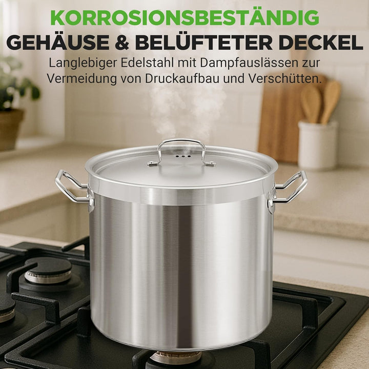 NutriChef Edelstahl Kochtopf 28,4L Induktion – Suppentopf mit Deckel, Profiqualität für Gastronomie