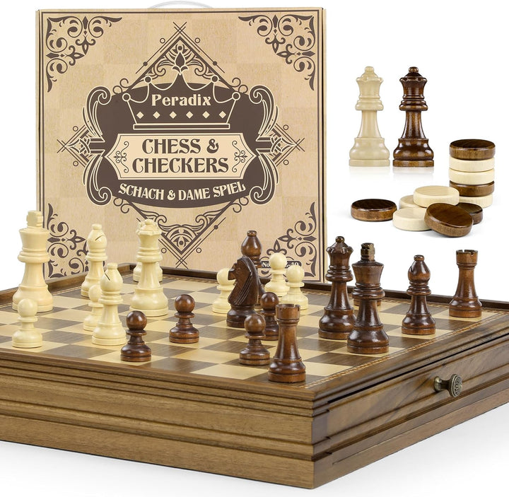 Peradix 38CM/15IN Magnetisch Schachspiel mit Dame aus Holz, 2 in 1 Schachbrett mit Lagerschublade un