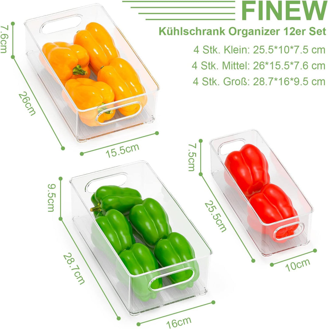 FINEW Kühlschrank Organizer 12er Set (4 Klein, 4 Mittel, 4 Gross), Stapelbar Kühlschrank Behälter, D