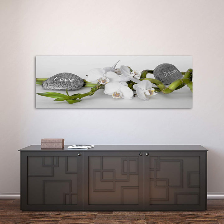 Feeby. Leinwandbild, Bilder, Wand Bild, Wandbilder, Kunstdruck 150x50 cm, Orchidee, Natur, Zen, Weis