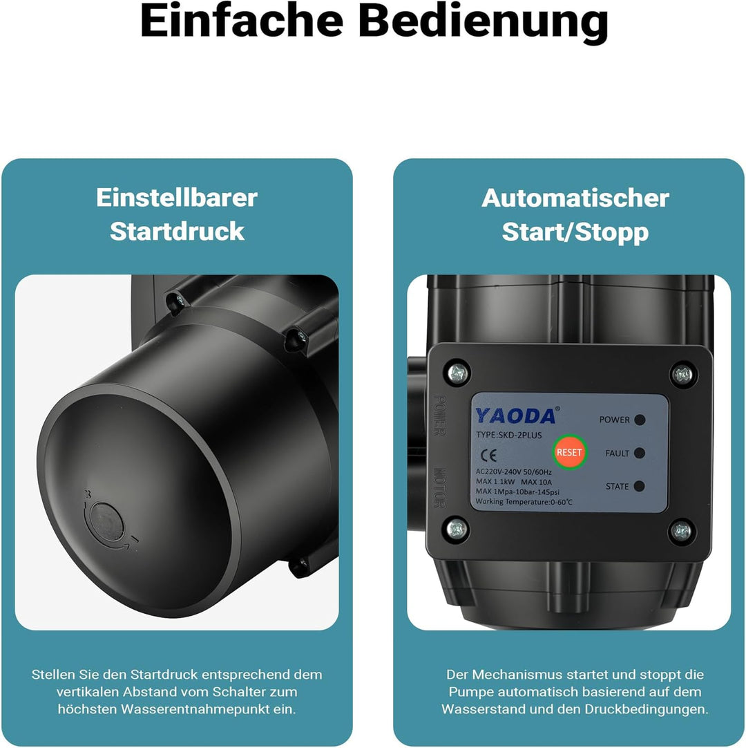 Wiltec Druckschalter mit Kabel EPC-2 230V bis 10 bar, Druckwächter mit Trockenlaufschutz für Hauswas