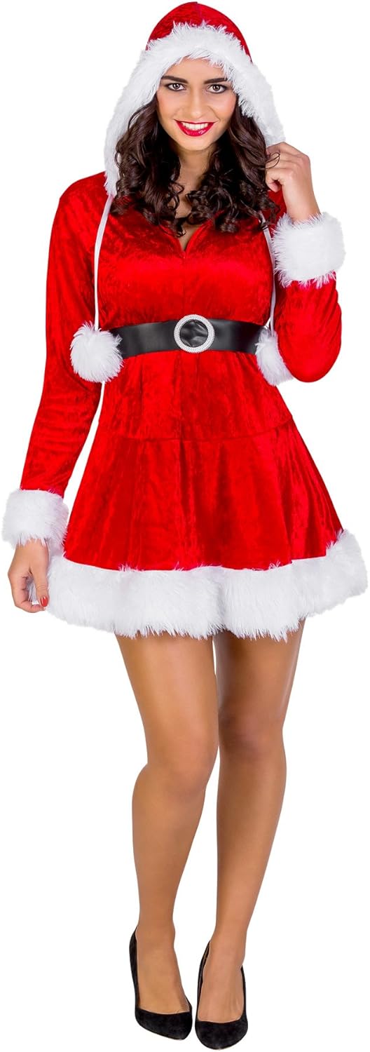 dressforfun Frauenkostüm Mrs. Santa Claus Weihnachtskleid | sexy Kleid mit Kapuze | aufgenähte Bände