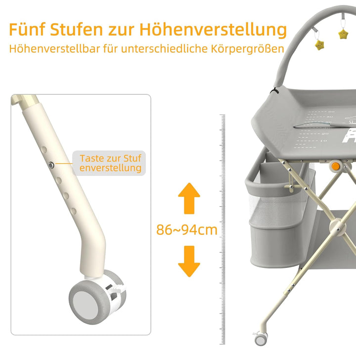 Klappbare Wickelkommode, Baby Wickelkombi, mobiler Wickeltisch mit Wickelauflage und Ablagefächern,