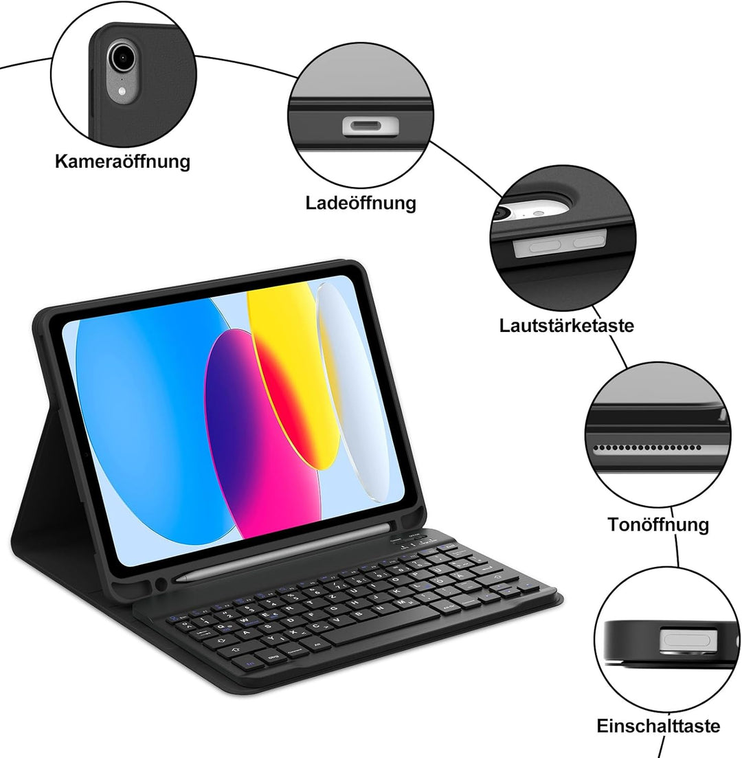 IVEOPPE Hülle Tastatur für iPad A16 11/10 Generation (2025/2022, 11/10.9 Zoll), QWERTZ Layout Keyboa